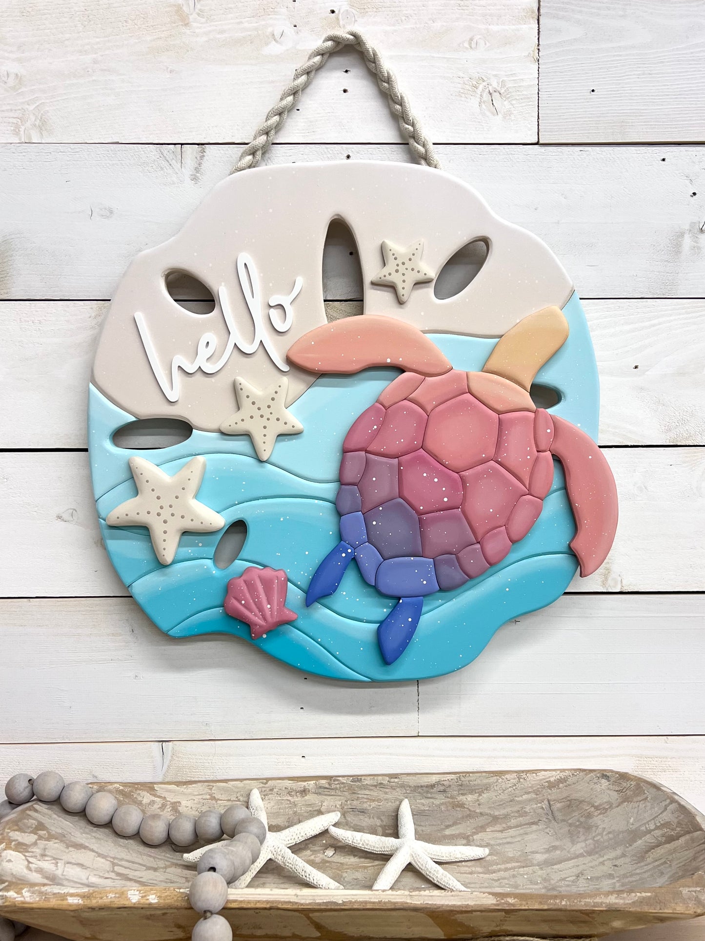 Sand Dollar Door Hanger with Sea Turtle "hello"
