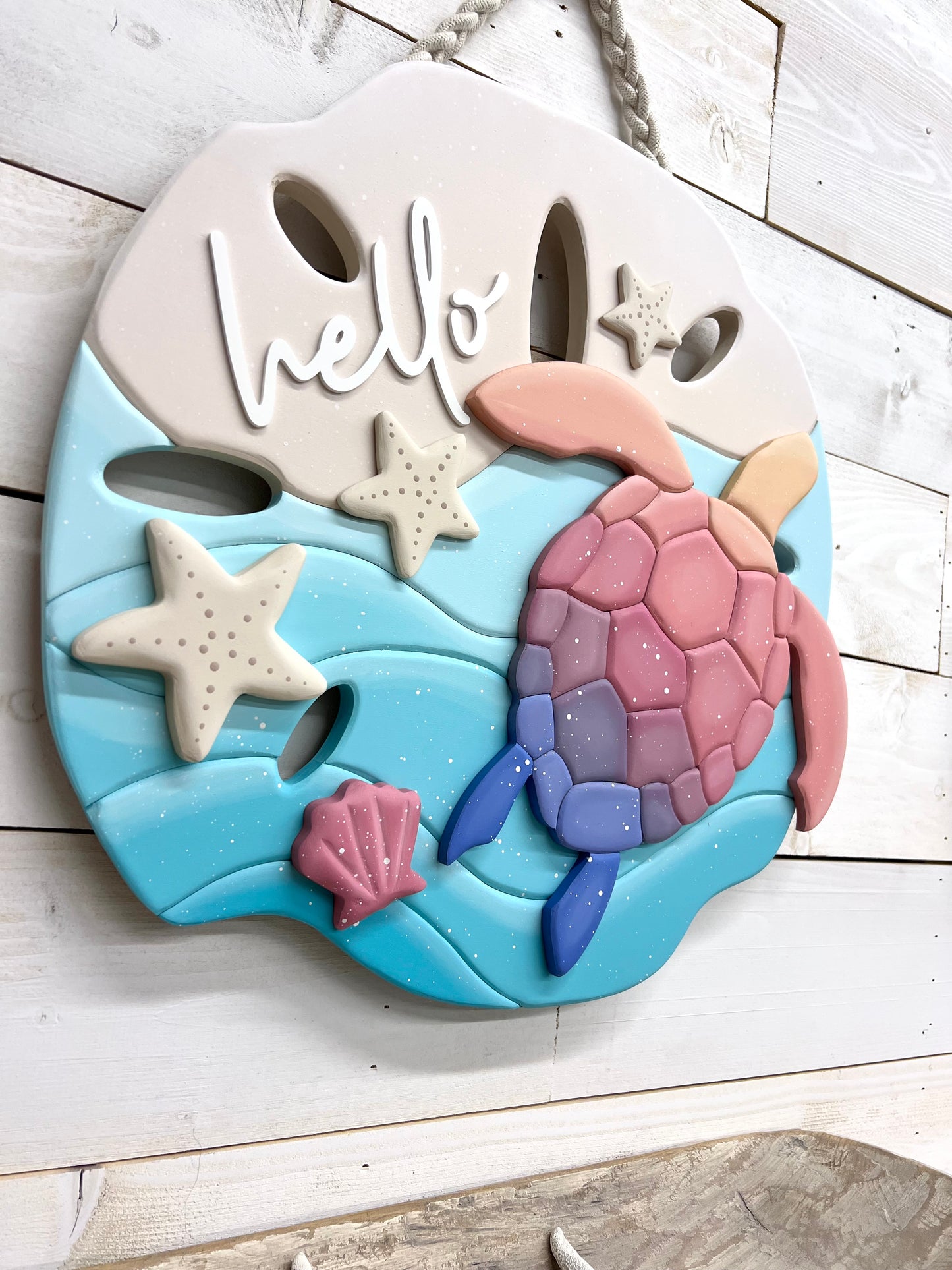 Sand Dollar Door Hanger with Sea Turtle "hello"