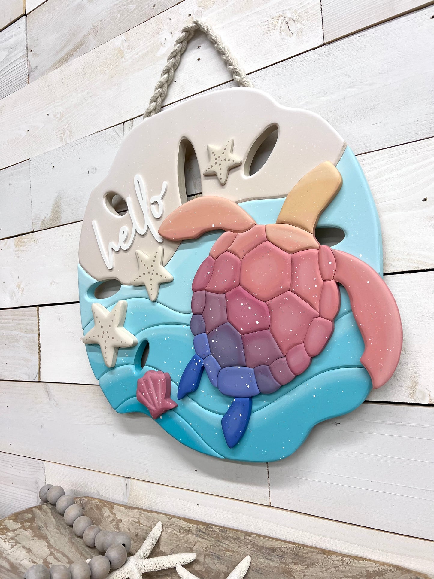 Sand Dollar Door Hanger with Sea Turtle "hello"
