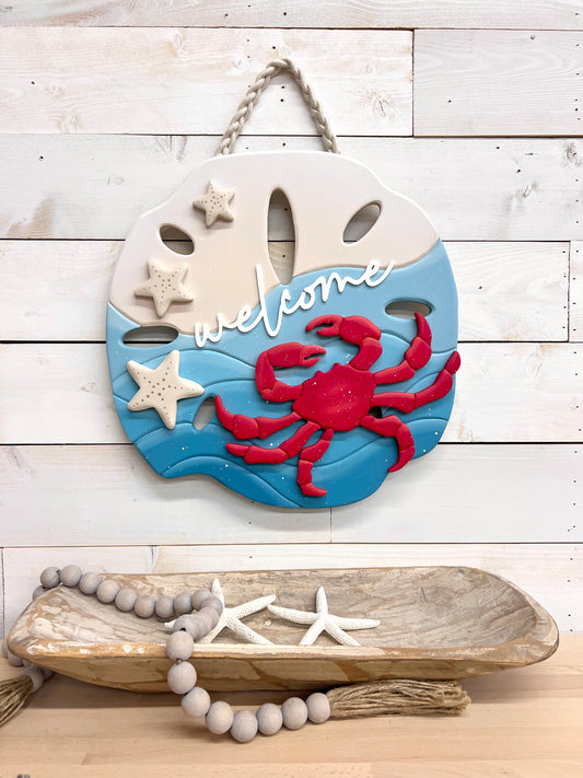 Sand Dollar Door Hanger with Red Crab "welcome"
